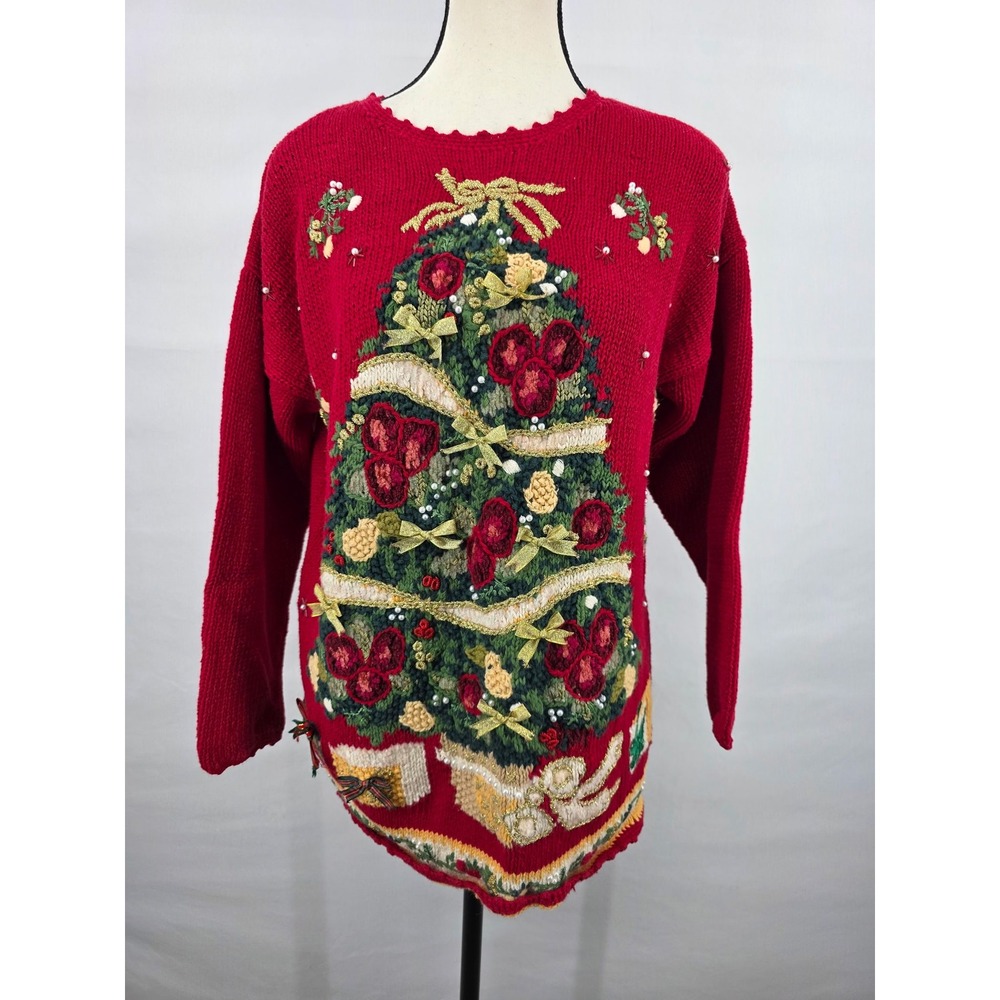 Tiara International Vintage Christmas Tree Sweater Red Embellished 90s Small